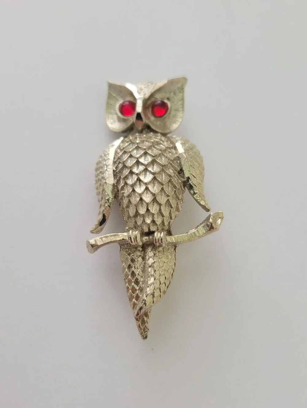 Vintage Signed BSK Gold-tone Owl Brooch W/ Red Glass Eyes